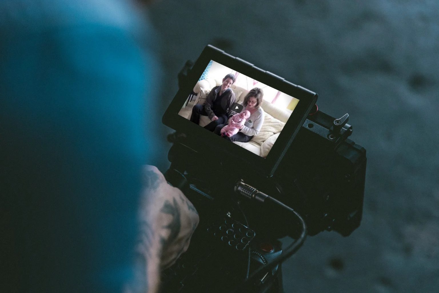 Vibrancy-Biogen-diversity-inclusion-video-setup1 Photo of two women with a baby captured on a video screen